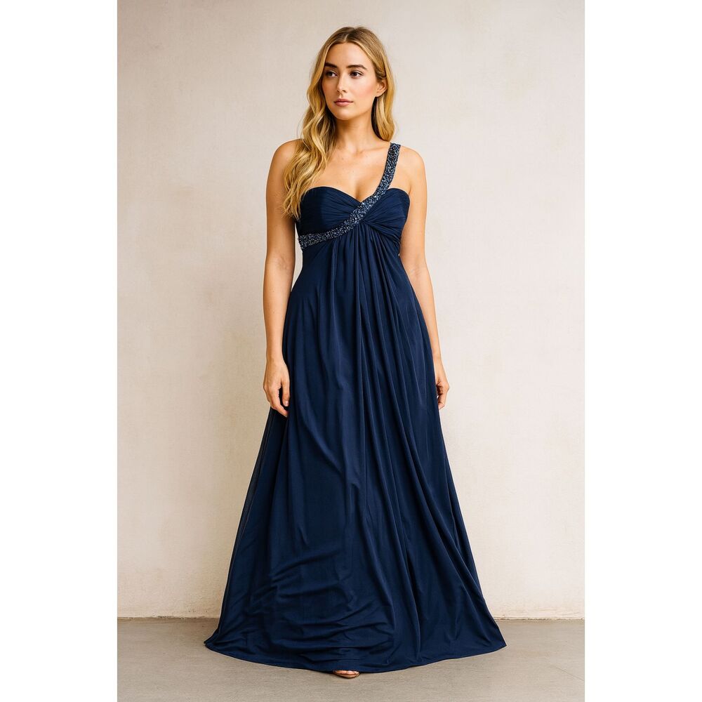 XSCAPE By Joanna Chen Blue One Strap Beaded Evening Gown Dress Women's Size 8